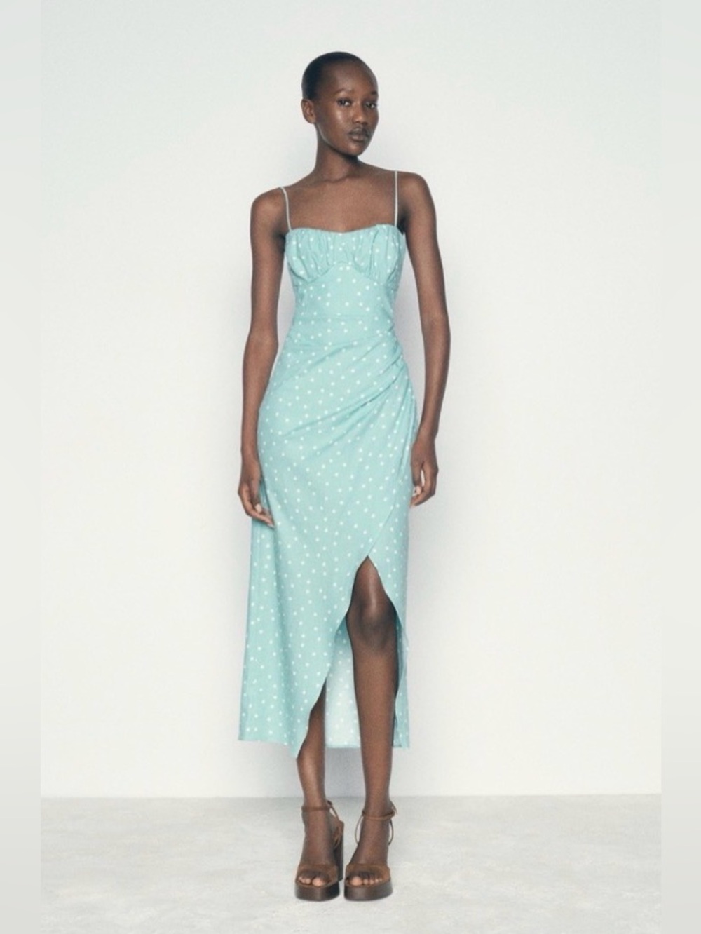 NWT Zara Linen Blend Polka Dot Strappy Midi Dress in Light Turquoise Size XS